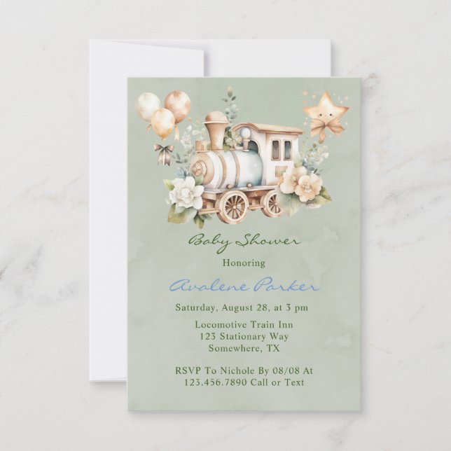 Cartão De Agradecimento Sage Dusty Blue Train Boy Chá de fraldas (Frente)