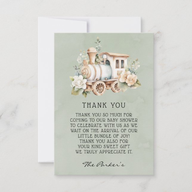 Cartão De Agradecimento Sage Dusty Blue Train Chá de fraldas Obrigado Cart (Frente)