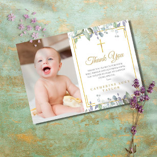 Cartão De Agradecimento Sage e Lilac Floral Baptism / Foto de Natal