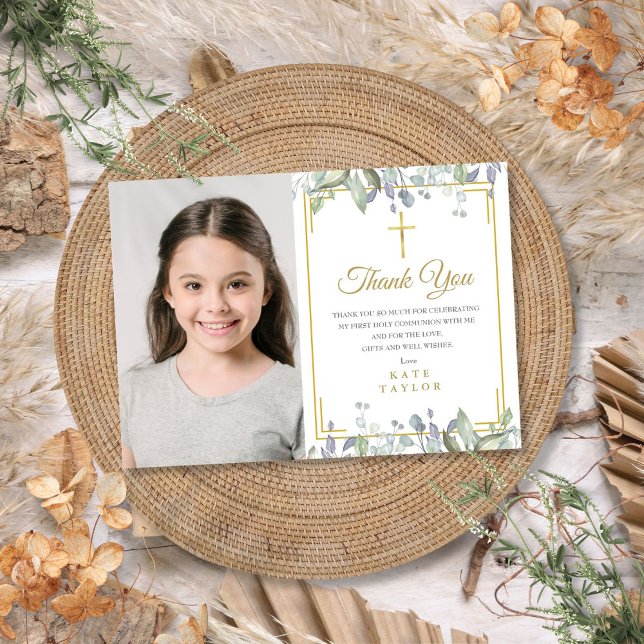 Cartão De Agradecimento Sage e Lilac Floral Primeira Foto Santa Comunhão (Sage and Lilac Floral First Holy Communion Photo Thank You Card)