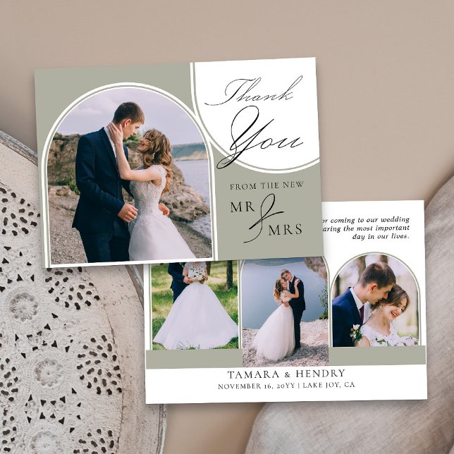 Cartão De Agradecimento Sage Green 4 Foto Archada Caligrafia (Elegant Sage green wedding photo thank you card from my Wedding Colors collection)
