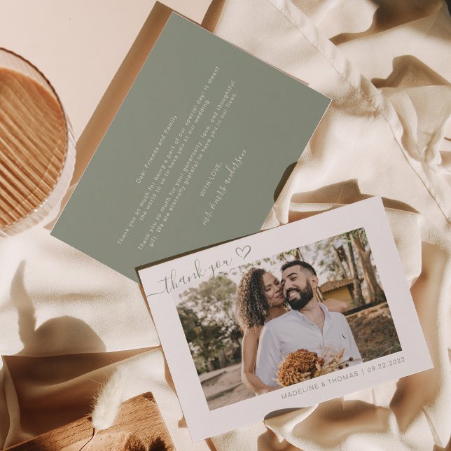 Cartão De Agradecimento Sage Green Boho Simple Photo Heart Script Wedding (Criador carregado)