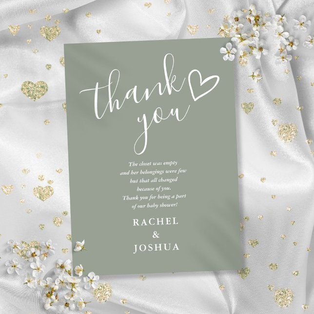 Cartão De Agradecimento Sage Green Chá de fraldas Script Heart Poem (Sage Green Baby Shower Script Heart Poem Thank You Card)