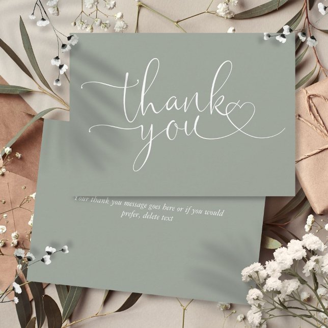Cartão De Agradecimento Sage Green Elegant Heart Script (Sage Green Elegant Heart Script Thank You Card)