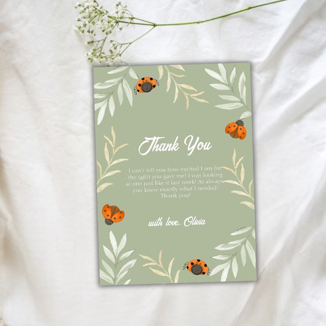 Cartão De Agradecimento Sage Green Fall Ladybug Chá de fraldas verde (Sage Green Fall Ladybug Greenery Baby Shower Thank You Card)