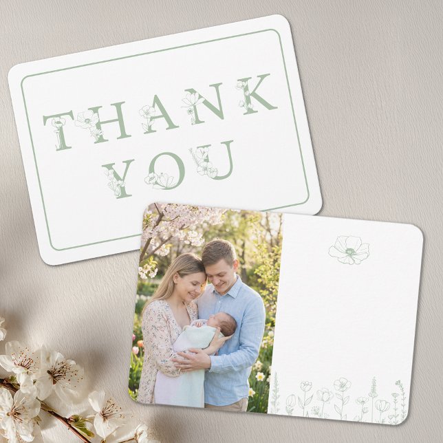 Cartão De Agradecimento Sage Green Floral Baby Shower Photo (Sage Green Photo Thank You Card)