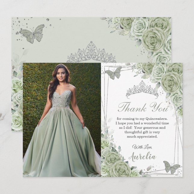 Cartão De Agradecimento Sage Green Floral Butterflies Quinceañera Foto (Frente/Verso)