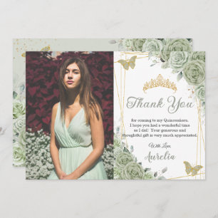 Cartão De Agradecimento Sage Green Floral Butterflies Quinceañera Foto
