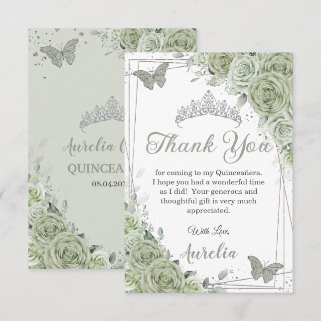 Cartão De Agradecimento Sage Green Floral Butterflies Quinceañera Sweet 16 (Frente/Verso)