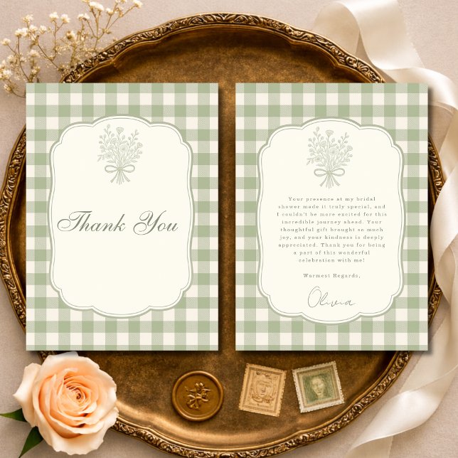 Cartão De Agradecimento Sage Green Gingham Floral Bow Bridal Shower (Criador carregado)