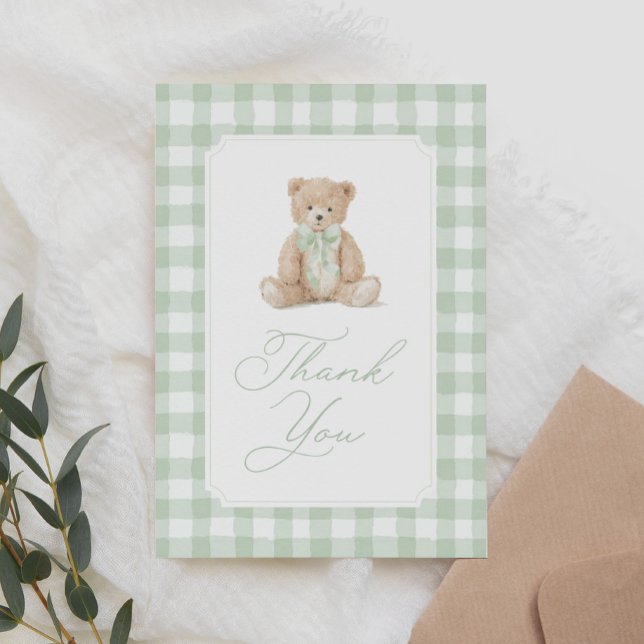 Cartão De Agradecimento Sage Green Gingham Teddy Bear Baby Shower (Criador carregado)
