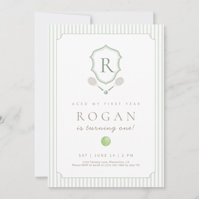 Cartão De Agradecimento Sage Green Preppy Tennis Crest 1st Birthday invite (Frente)