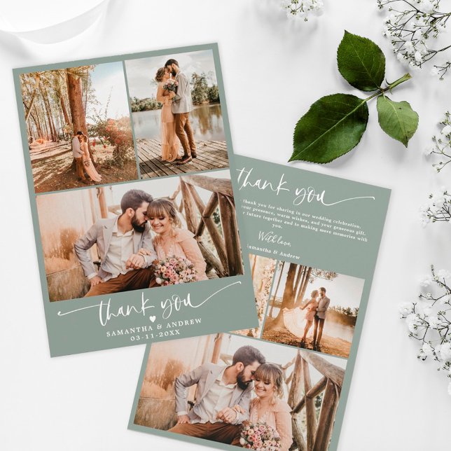 Cartão De Agradecimento Sage Green Script Hearn 6 fotos casamento (Criador carregado)