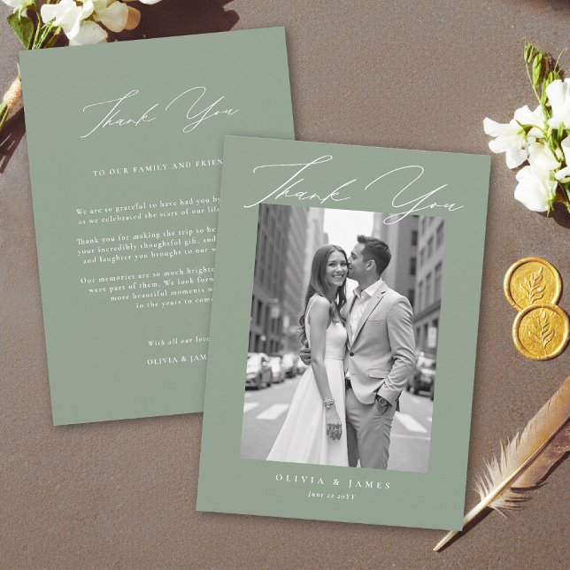Cartão De Agradecimento Sage Green White Modern Calligraphy Simple Wedding (sage green wedding thank you photo card elegant modern calligraphy white simple contemporary)