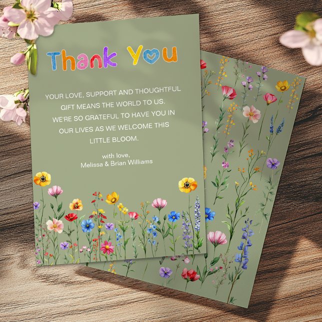 Cartão De Agradecimento Sage Green Wildflower Baby in BlosanCartões de agr (Wildflowers Thank You Card)