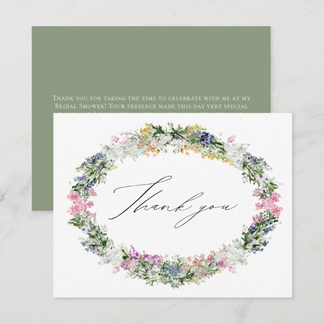 Cartão De Agradecimento Sage Green Wildflower Wreath Wedding Bridal Shower (Frente/Verso)