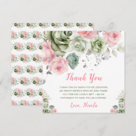 Cartão De Agradecimento Sage Verde e Rosa Floral Sweet Sixteen