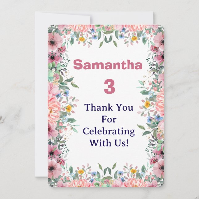 Cartão De Agradecimento Samantha Floral Thank You Card, 3rd Birthday  (Frente)