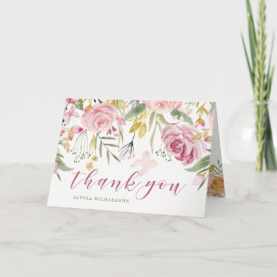 Cartão De Agradecimento Sangue de Aquarela Rosa   Dourada Floral Obrigado