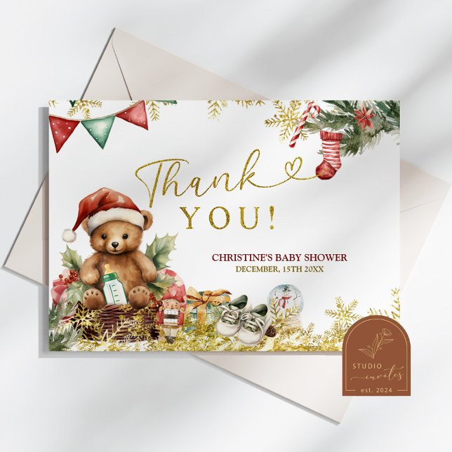 Cartão De Agradecimento Santa Christmas Bear Baby Shower Thank You Card (Criador carregado)