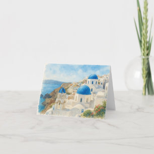 Cartão De Agradecimento Santorini Grécia Aquarela Igreja da Cúpula Azul Ar