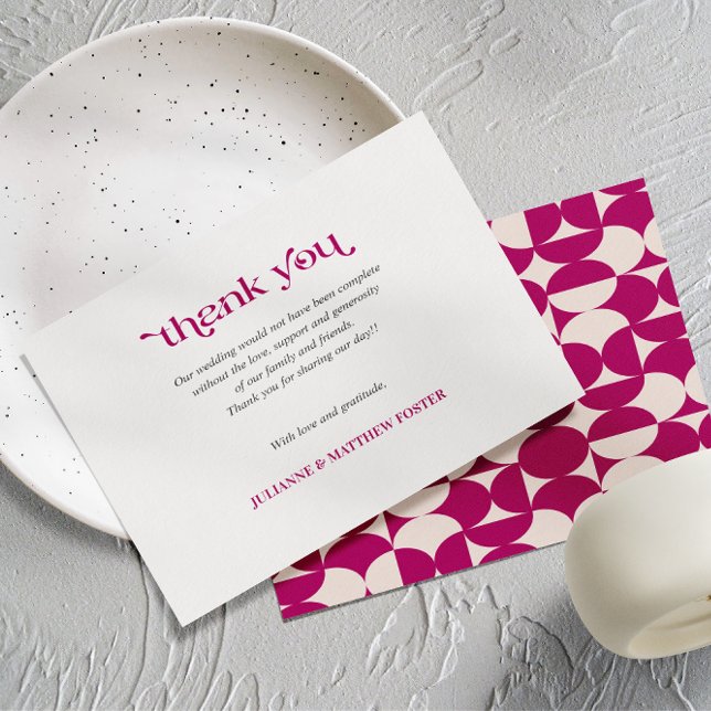 Cartão De Agradecimento Scallop Meio século Roxo do Círculo Retroativo (Wedding Thank you card with purple vintage inspired bold pattern Mid century modern geometric)