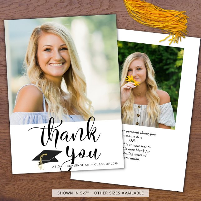 Cartão De Agradecimento Script Black White 2 Photo Graduation Obrigado (Criador carregado)