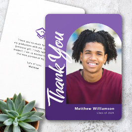 Cartão De Agradecimento Script de Arco Negrito de Foto para Graduação Roxa