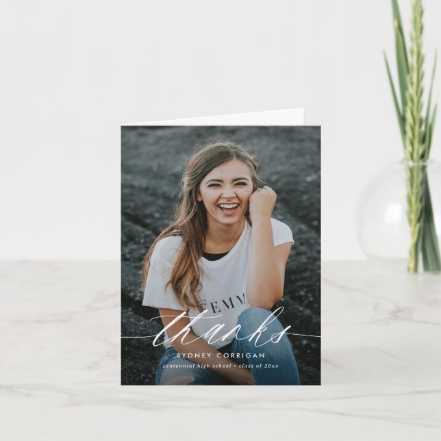 Cartão De Agradecimento Script De Caligrafia Dobrado Dois Graduação De Fot (Frente)