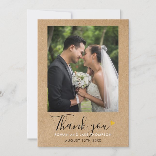 Cartão De Agradecimento Script de Coração Dourado Foto de Casamento Kraft  (Frente)