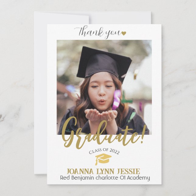 Cartão De Agradecimento Script de Obrigados de Boné ouro para gradação ele (Frente)