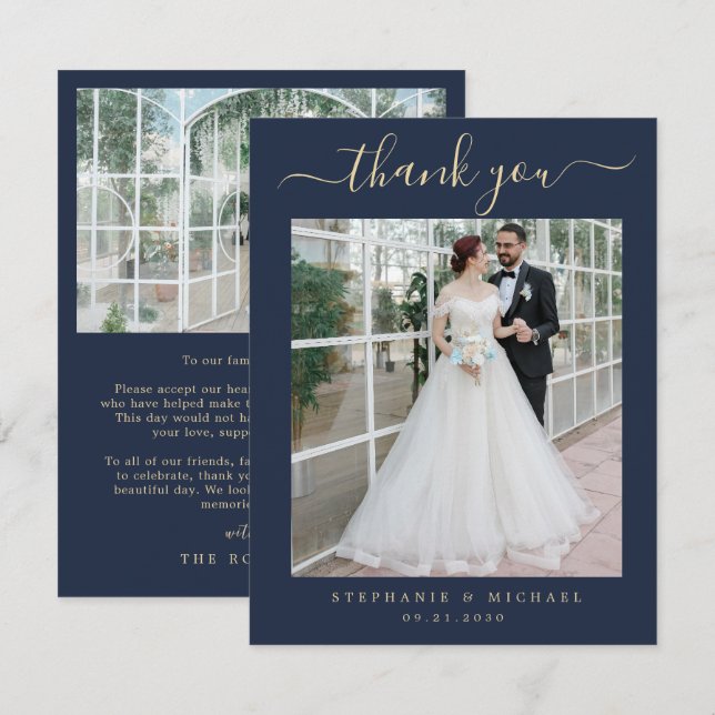 Cartão De Agradecimento Script Dourado de Casamento Fotográfico do Script  (Frente/Verso)