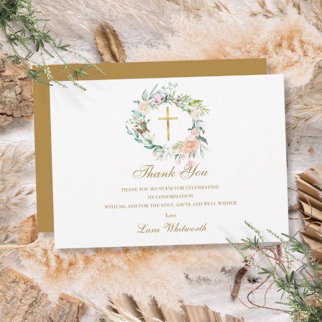 Cartão De Agradecimento Script Dourado de Confirmação do Rosa Floral Garla (Roses Floral Garland Confirmation Gold Script Thank You Card)