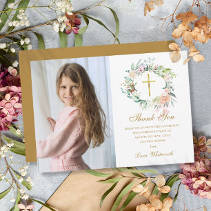 Cartão De Agradecimento Script Dourado de Foto de Confirmação do Rosa Flor