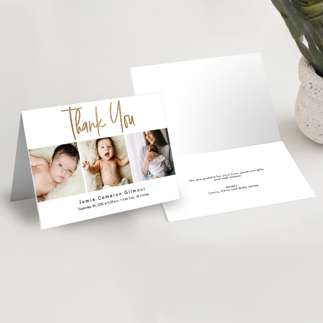 Cartão De Agradecimento Script Dourado Moderno Personalizado 3 Foto Bebê (Modern 3 photo Gold thank you script birth announcement card)