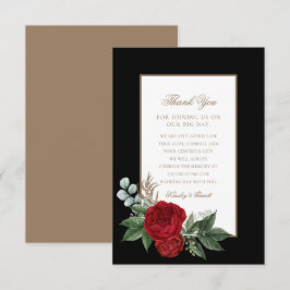 Cartão De Agradecimento Script Elegante Peonies Vermelhos Preto e Dourado