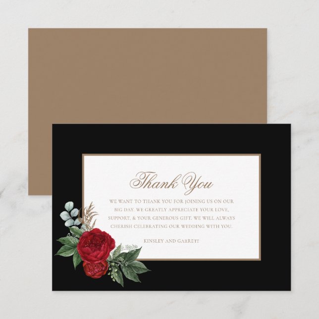 Cartão De Agradecimento Script Elegante Peonies Vermelhos Preto e Dourado (Frente/Verso)