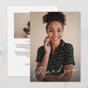 Cartão De Agradecimento Script elegante simples, duas fotos de graduação