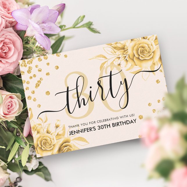 Cartão De Agradecimento Script Glam Dourado Floral Glitter aniversário de  (Glam Gold Floral Glitter 30th Birthday Script Thank You Card)