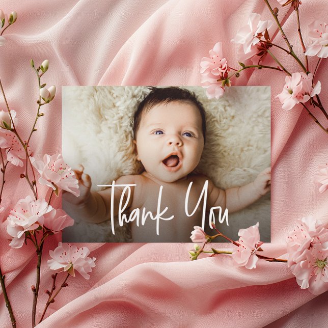 Cartão De Agradecimento Script Horizontal Baby Girl Photo Handlettering (Customizable horizontal baby photo thank you card.)