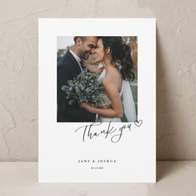 Cartão De Agradecimento Script Modern Heart Wedding Photo W Note (Criador carregado)