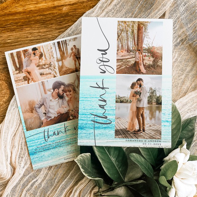 Cartão De Agradecimento Script moderno 5 fotos obrigado de praia de casame (Criador carregado)