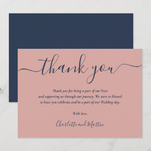 Cartão De Agradecimento Script moderno Elegante de Azul e Blush do marinho