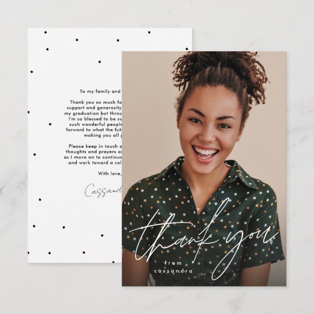 Cartão De Agradecimento Script moderno simples de uma graduação de fotos (Frente/Verso)
