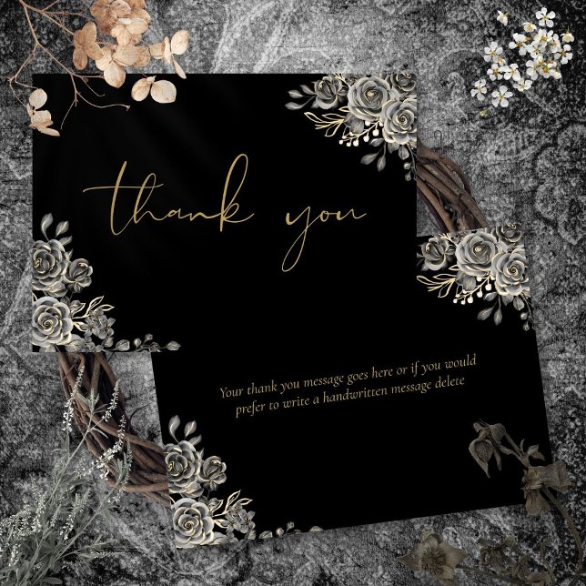 Cartão De Agradecimento Script Personalizado Preto e Dourado Gótico (Personalized Gothic Black And Gold Script Thank You Card)