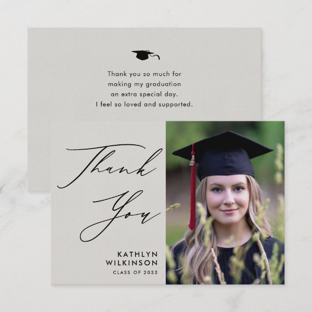 Cartão De Agradecimento Script Preto Elegante na Graduação de Fotografias  (Frente/Verso)