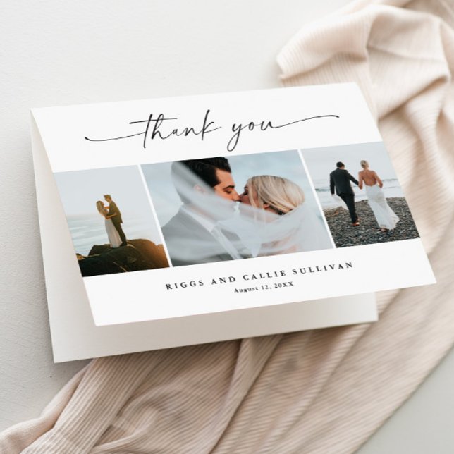 Cartão De Agradecimento Script Simples 3  Foto Casamento  (3 Photo Collage Folded Wedding Thank You Card.)