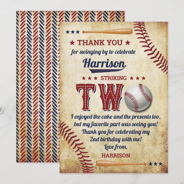 Cartão De Agradecimento Segundo aniversário Vintage Baseball Boys (Frente/Verso)