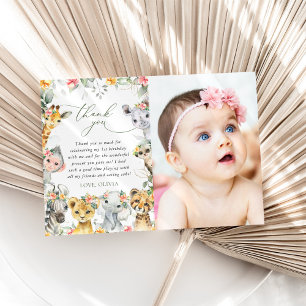 Cartão De Agradecimento Selva, Safari, Flores, Primeiro Aniversário