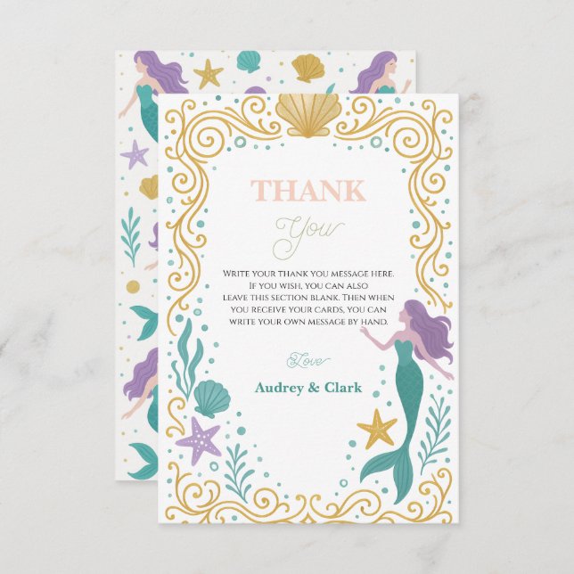 Cartão De Agradecimento Sereia Pequena Princesa Dourada 10º Aniversário So (Frente/Verso)